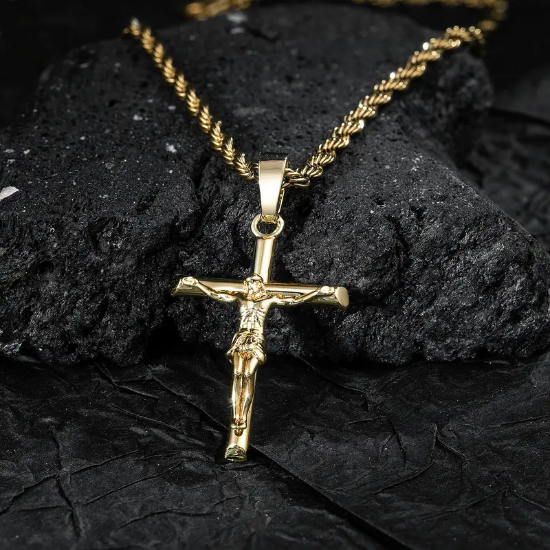 Men's 14-Gold Plated Stainless Steel Rope Chain Cross Pendant Necklace with Clasp - Dainty Gold Tone Jewelry, Spiritual Christian Accessory, Pendant with Necklace Gift