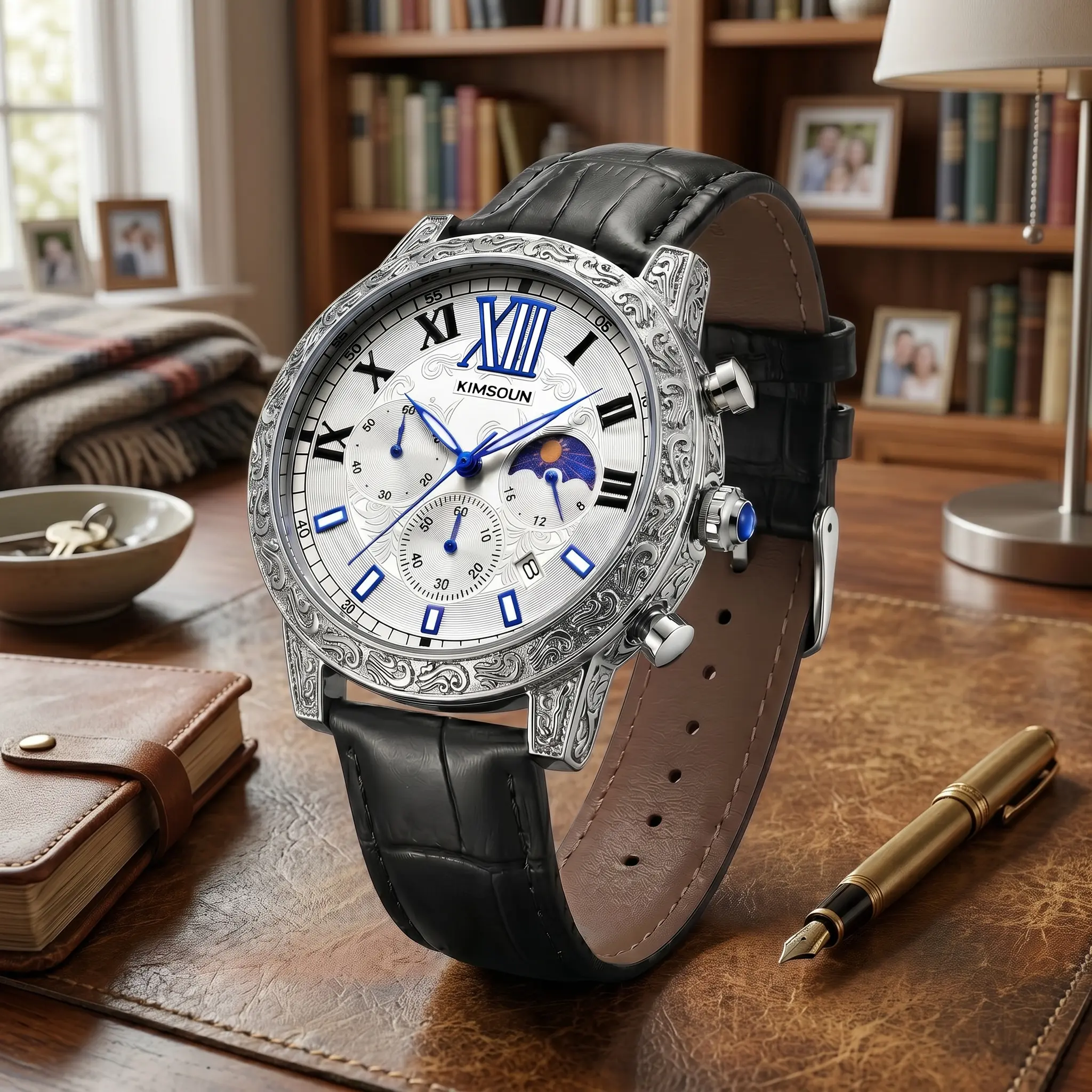 Men's Quartz Watch with Retro Carved Chronograph, Waterproof Leather Band, Moonphase Dial, Oval Face, Vintage Look Wristwatch for Male Gifts