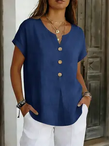 2026 Summer New Women's Fashion Short Sleeve Button Cotton Linen Top, Pure Color, Casual Style, Ladies' Clothing, Cross-Border Eu Us