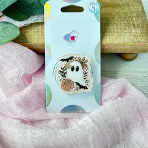 Boho Fall Floral Ghost Halloween Phone Grip, Flower MagSafe Grip, book Kindle Grip, Pumpkin Phone Holder, Kindle Sticker, Cute Decor, Gift for Her, Back to School, Spooky Coquette Bow Crocheter Boo Bookish Lover Gift