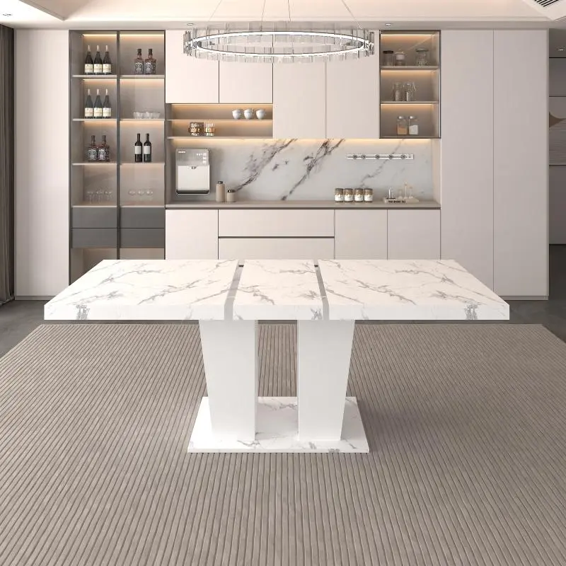 Modern All-White Faux Marble Extendable Dining Table - 6-10 Seater Rectangle Indoor Kitchen Table, Dual-Column Pedestal Base, 108lb (Without Chairs)