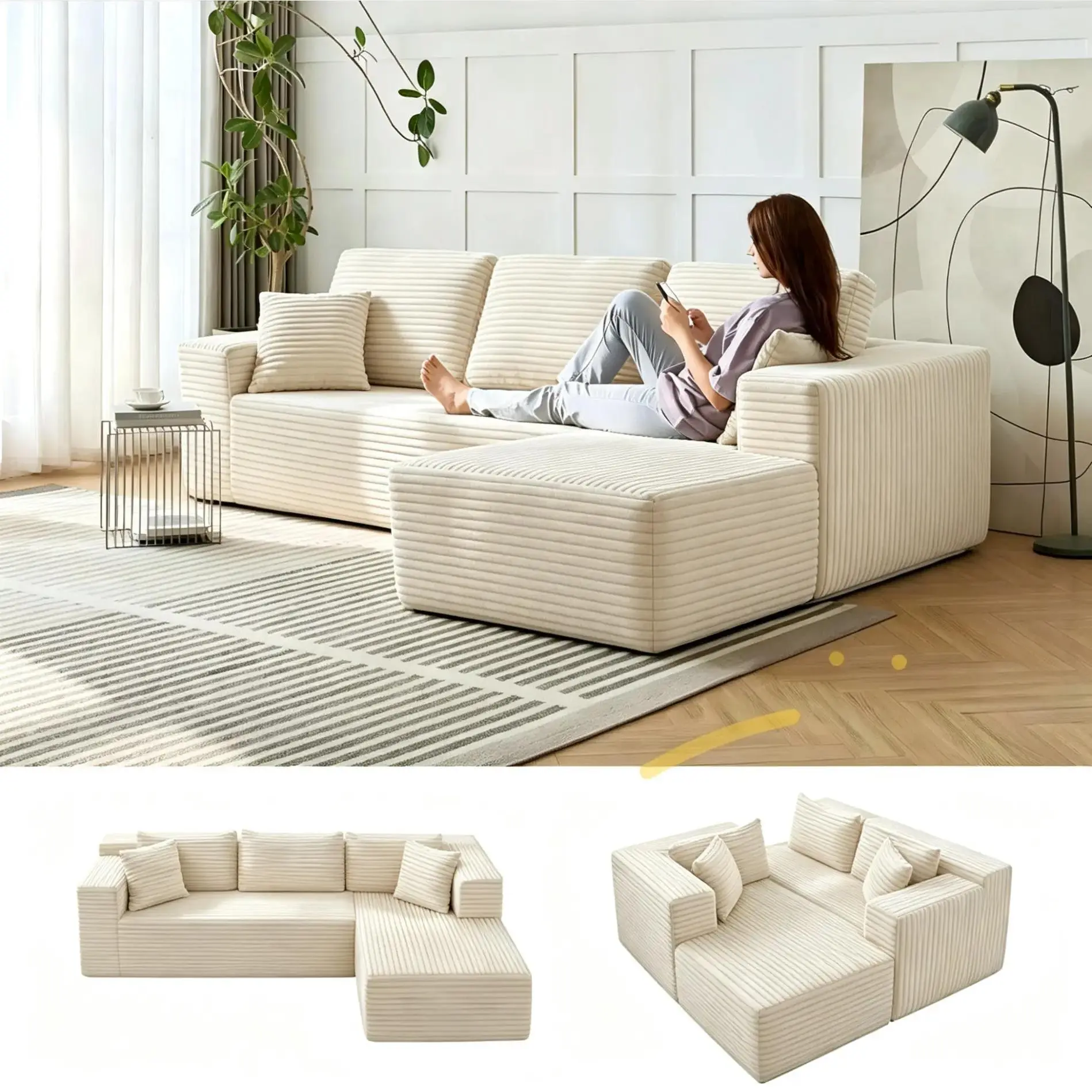 Modular Corduroy Cloud Boneless Sectional Set - 3-Seat Convertible Sleeper Sofa with Oversized Chaise Loveseat, Down Blend Filling for Living Room Plush Lounge, Laz Bed Bean Bag Chair Alternative