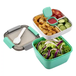 Salad Lunch Box Containers To Go, 2 Pack 52-oz Bowls with 3 Compartments, Dressing Containers for Toppings, Snacks Wide Mouth Food Jar Portable