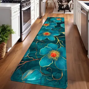 1PC, Blue Golden Flowers Decoration Patterned strip rugs, Decorative rugs, home décor, bathroom mats, entryway mats, kitchen mats, hallway rugs, flannel sponge rugs