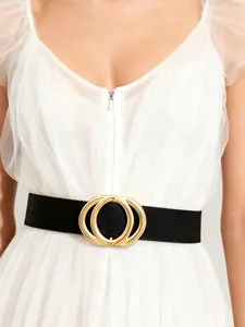 New Dual Buckle Waist Belt for Dresses Coats Shirts, Women's Elastic Adjustable Cinch Belt, Fashion Wide Waistband for Holidays Parties Daily Wear