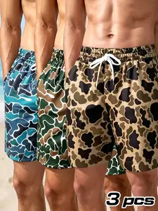 Men's Regular Fit Camo Print Drawstring Waist Beach Shorts, Casual Comfy Breathable Swim Shorts for Summer, Men's Shorts for Beach Vacation