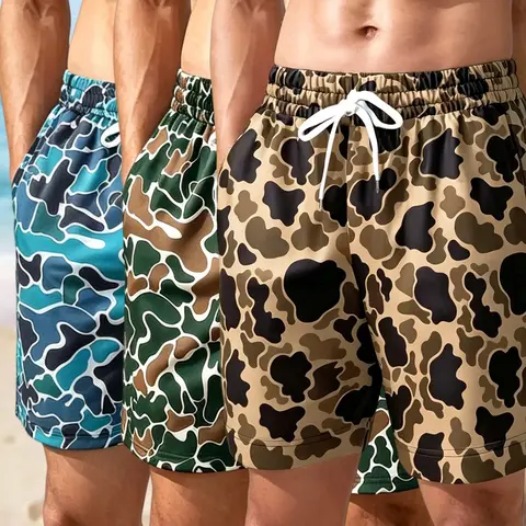Men's Regular Fit Camo Print Drawstring Waist Beach Shorts, Casual Comfy Breathable Swim Shorts for Summer, Men's Shorts for Beach Vacation, Swimming Shorts, Swimwear Shorts