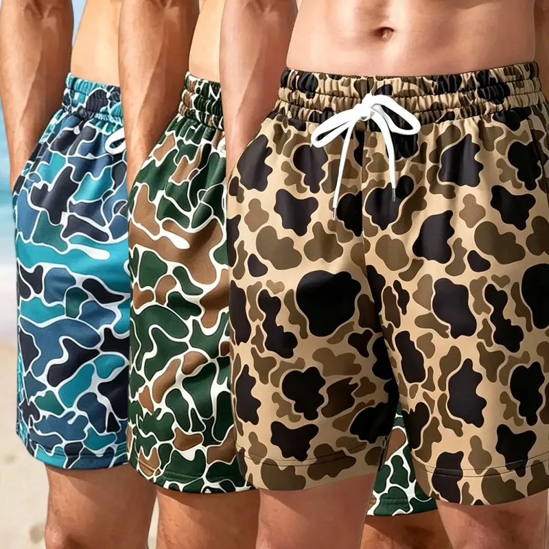 Men's Regular Fit Camo Print Drawstring Waist Beach Shorts, Casual Comfy Breathable Swim Shorts for Summer, Men's Shorts for Beach Vacation, Swimming Shorts, Swimwear Shorts
