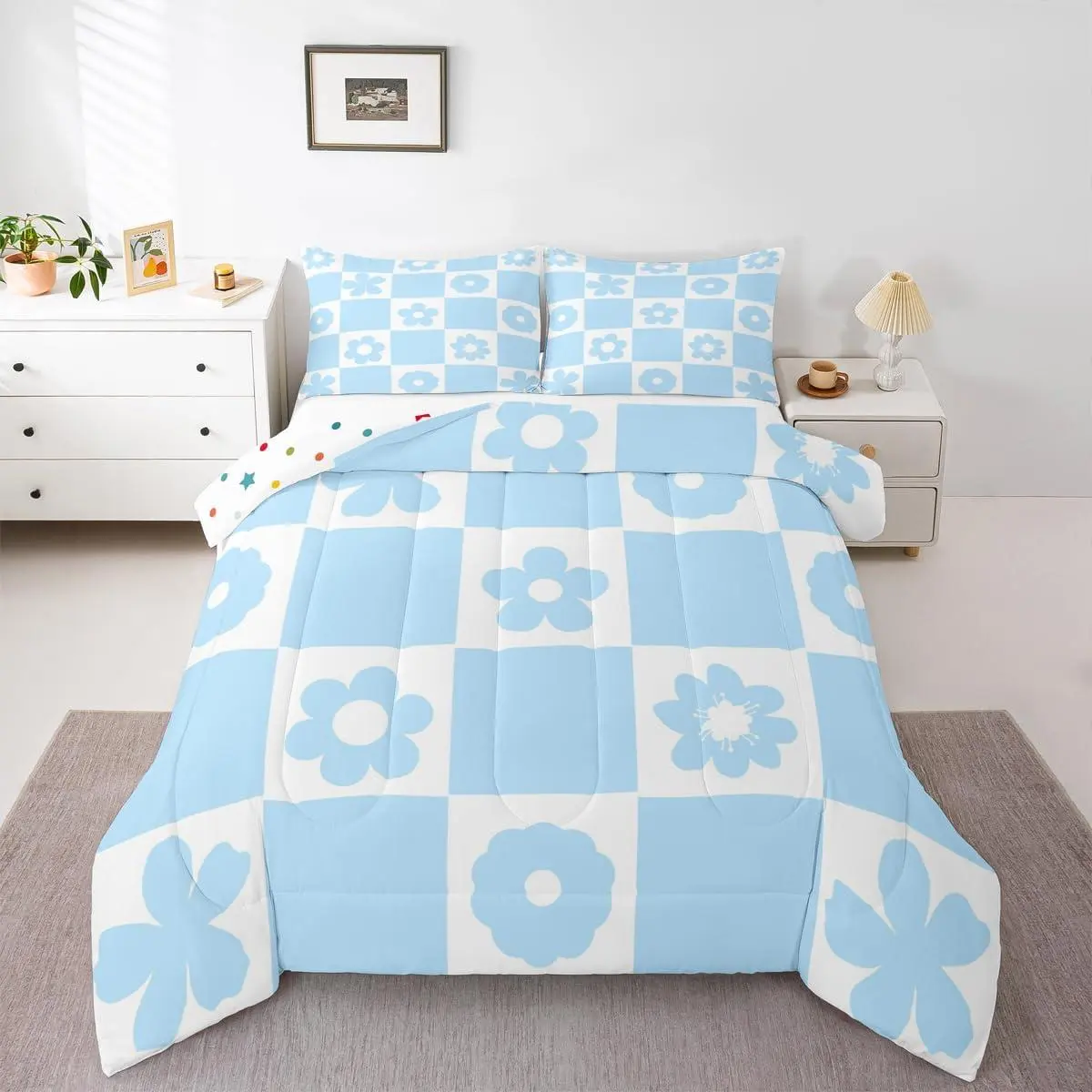 Blue White Plaid Comforter Set Cute Florals Bedding Set Checkerboard Grid Duvet Quilt Bedroom Blue Checkered Geometric Decor Microfiber Ultra Breathable
