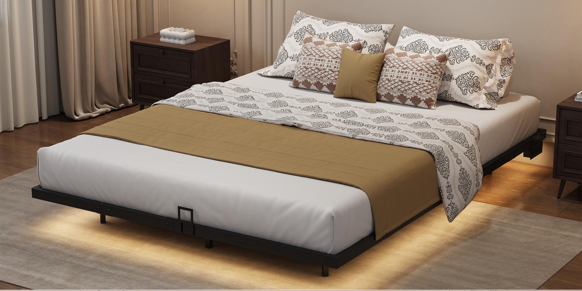 Floating Bed Frame, Metal Platform Bed Frame with LED Lights, Charging Station with 2 Outlets & USB Ports, No Box Spring Needed, Anti-Sliding, Noise Free, Easy Assembly