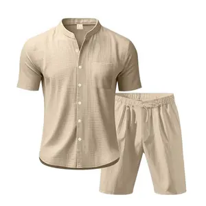 Men’s summer casual shirt and shorts set, 95% linen fabric for softness and comfort, button closure on the shirt, elastic drawstring waist, suitable for outdoor leisure and beach vacations.#SummerVibes