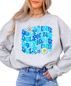 Girly Retro Dolphins Team Pride Sweatshirt for Women and Teens - Girly Flower Football Fan Oversized Pullover - Blue and White Team Colors Sweater