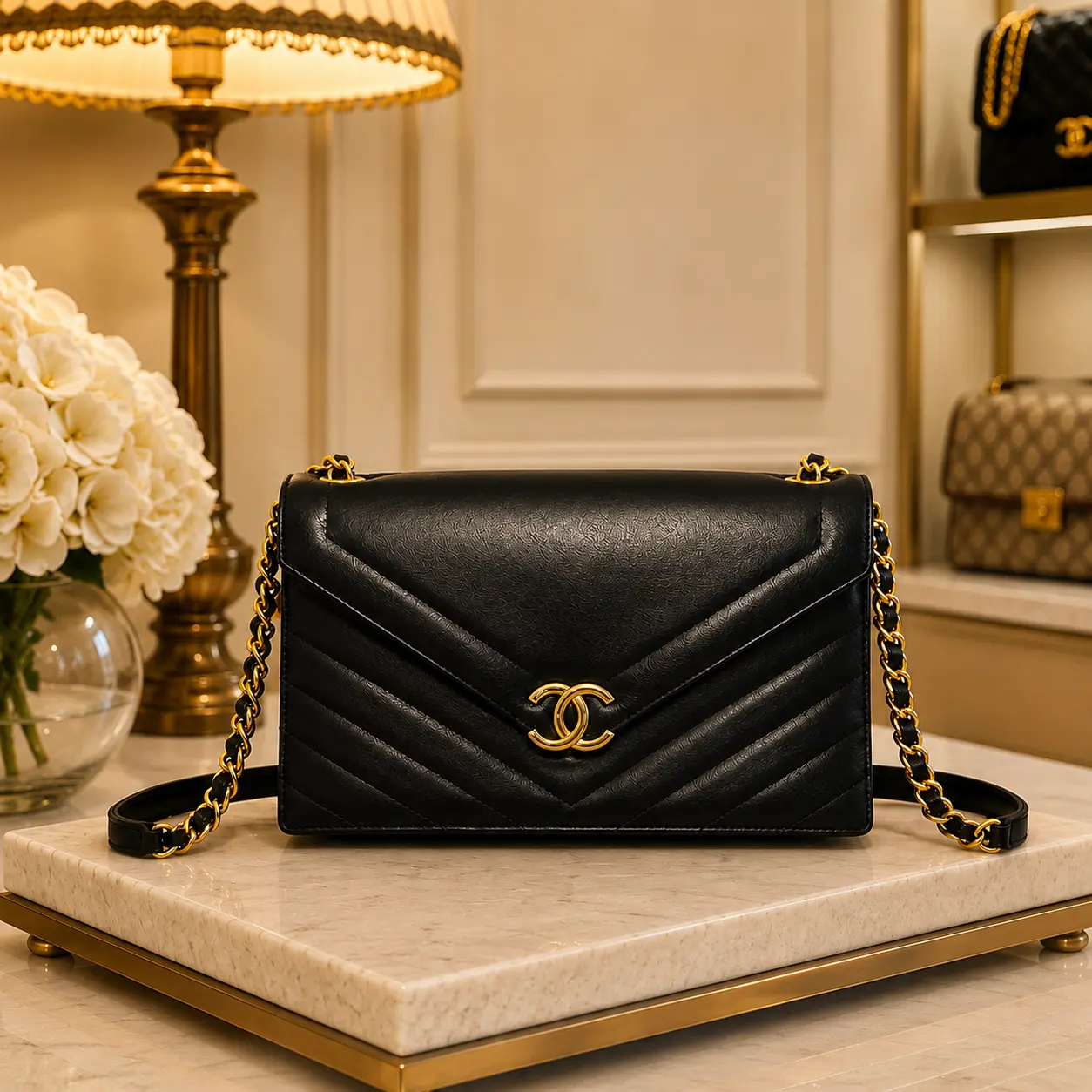 Pre-owned CHANEL Italy Tote Bags Chevron Quilted Leather Chain Shoulder Bag Black Gold Hardware LA22928869