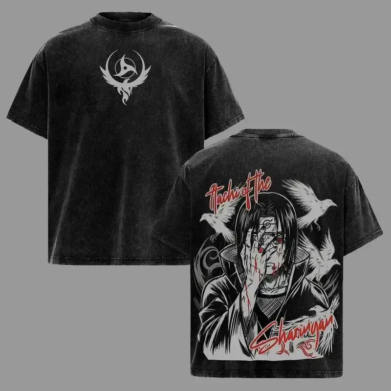 Itachi Vintage Washed Oversized Good Graphic Tees – Silent Ninja Shadow Graphic Anime Shirt, Crimson Eye Raven Manga Art, Casual Streetwear Apparel, Unisex Top, Gift for Anime Fans Crewneck Tshirtbreathable short sleeve t-shirt retro staind Fashion Love