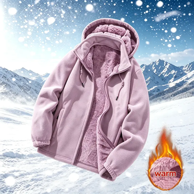 New autumn/winter women’s hooded fleece-lined warm jacket with zippered pockets—fashionable outdoor thermal jacket suitable for snowy hikes and outdoor sports.