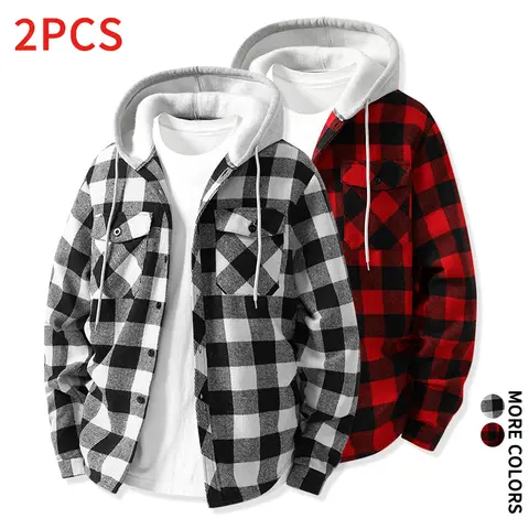 Men's Hooded Checked Shacket 2-Pack, Casual Loose-Fit Button-Up Flannel Jacket for Outdoor Activities, Menswear Male Clothing
