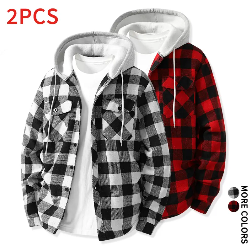 Mens Hooded Plaid Shacket 2‑Pack Loose Fit Button Up Flannel Jacket for Outdoor Travel Weekend Outing