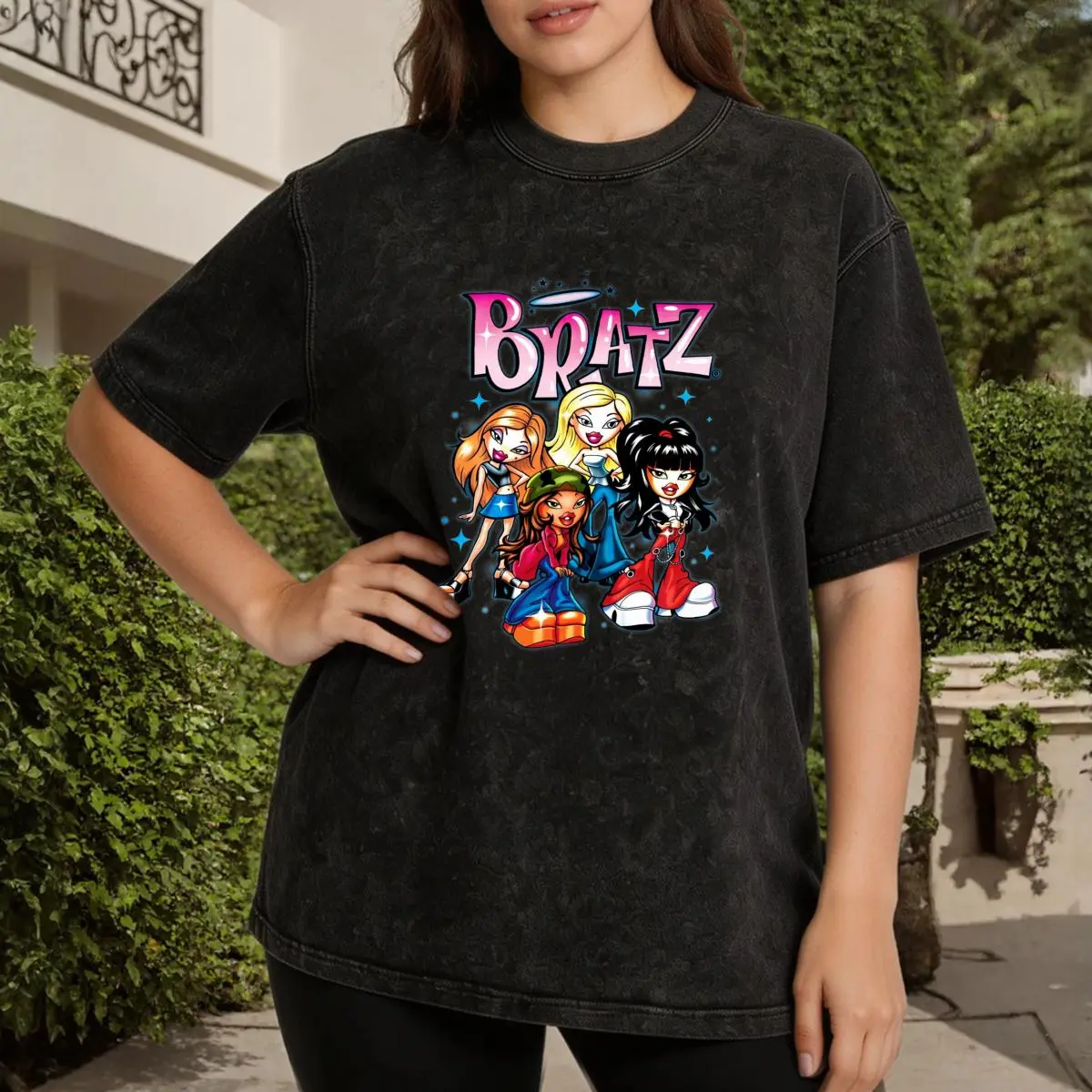 Bratz Women's Oversize Fit Vintage Washed T-Shirt - Bratz Cartoon Characters Graphic Print, Short Sleeve, Breathable Soft Tops for Outdoor Casual Wear, Skirts, Flat, Short Sleeves, Tshirt