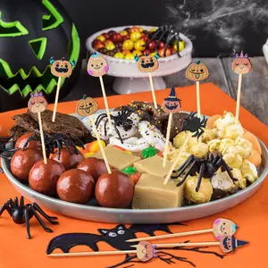Halloween Cocktail Pick Spooky Tree Food Holiday Pattern Sticks Cupcake Fruit Food Appetizer Skewers 4.9 In Bamboo Toothpicks For Halloween Holiday Party Favor Supplies Utensils Halloween Orange