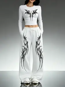 Women's Casual Two-Piece Set, Round Neck Slim Fit Long Sleeve Top + Loose Pants, Gothic Print, Perfect for All Seasons, Must-Have, Matching Clothing Set