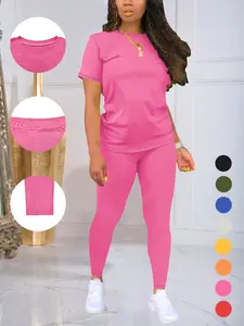 Women's Casual Simple Short Sleeve Long Pants Set, Fitted Slimming, Comfortable Summer Wear, Stylish Ladies Clothing