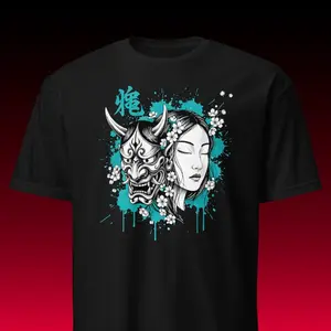 Men's fusion of Oni mask and geisha imagery representing Japanese streetwear culture Graphic T-Shirt - Short Sleeve Crew Neck Regular Fit Casual Wear | Soft & Breathable Fabric, Durable Print, Everyday Comfort, Machine Washable, urban anime aesthetic with