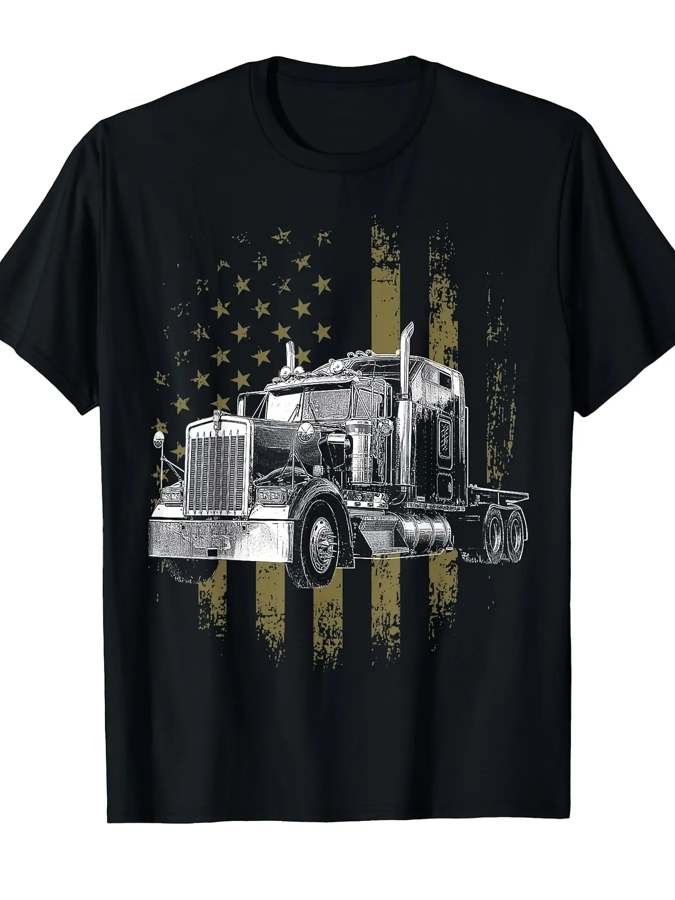 Trucker American Flag Big Rig Semi-Trailer Truck D unisex soft cotton short sleeve t shirt, vintage graphic casual tee for men women teens, perfect birthday holiday gift for camping travel gym daily street  wear