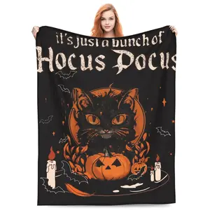 Halloween Black Cat Theme Print Flannel Blanket - Soft and Warm, Suitable for All Seasons, Suitable for Sofa, Bed, Office, Travel, Camping