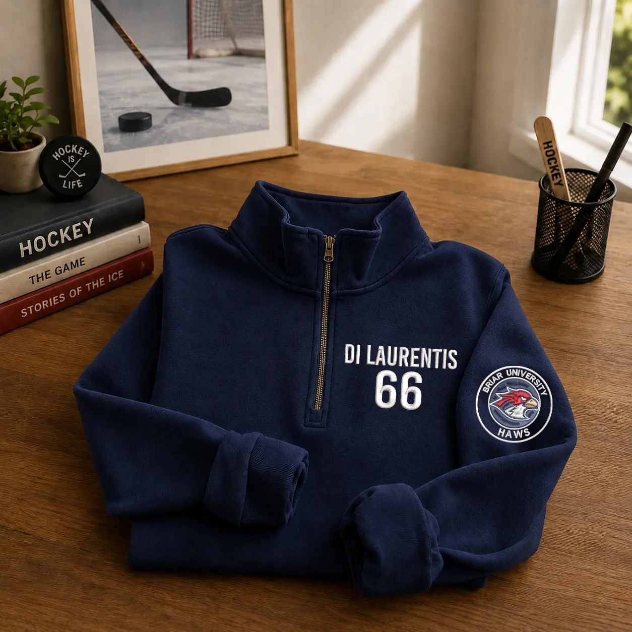 Custom Name Briar University Embroidered Quarter Zip, Off Campus Sweatshirt, Di Laurentis Graham Tucker Logan