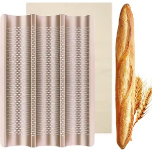 Perforated 3 Loaves Baguette Pan Nonstick French Long Italian Bread Baking Mold Bakery Tray with Proofing Cloth 15"x11"