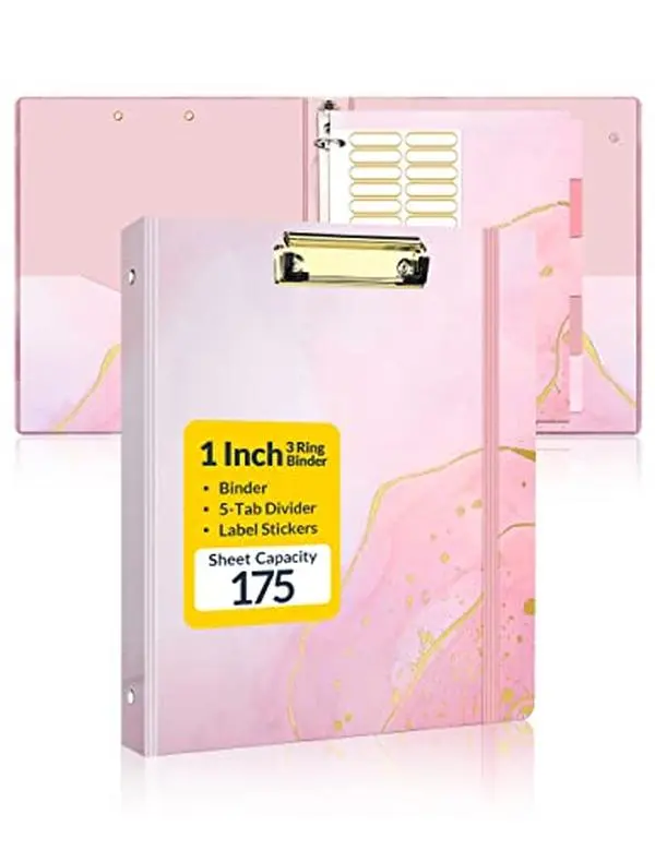 SUNEE 1 Inch Binder with Dividers, Pink Binder with Clipboard, Three Ring Binder Organizer, 5 Tab Dividers, 18 Labels and 2 Pockets, Letter Size for School and Office Supplies, Cute