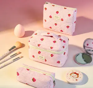 3-Piece Strawberry Sprinkle Stripe Quilted Cosmetic Trio