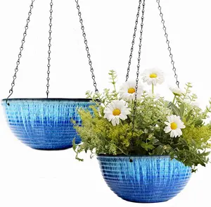 10in Hanging Planters for Indoor and Outdoor , 2 Pack Hanging Planter with Drainage Hole, Round Hanging Flower Pots for Garden Home Decor (Blue Glaze)
