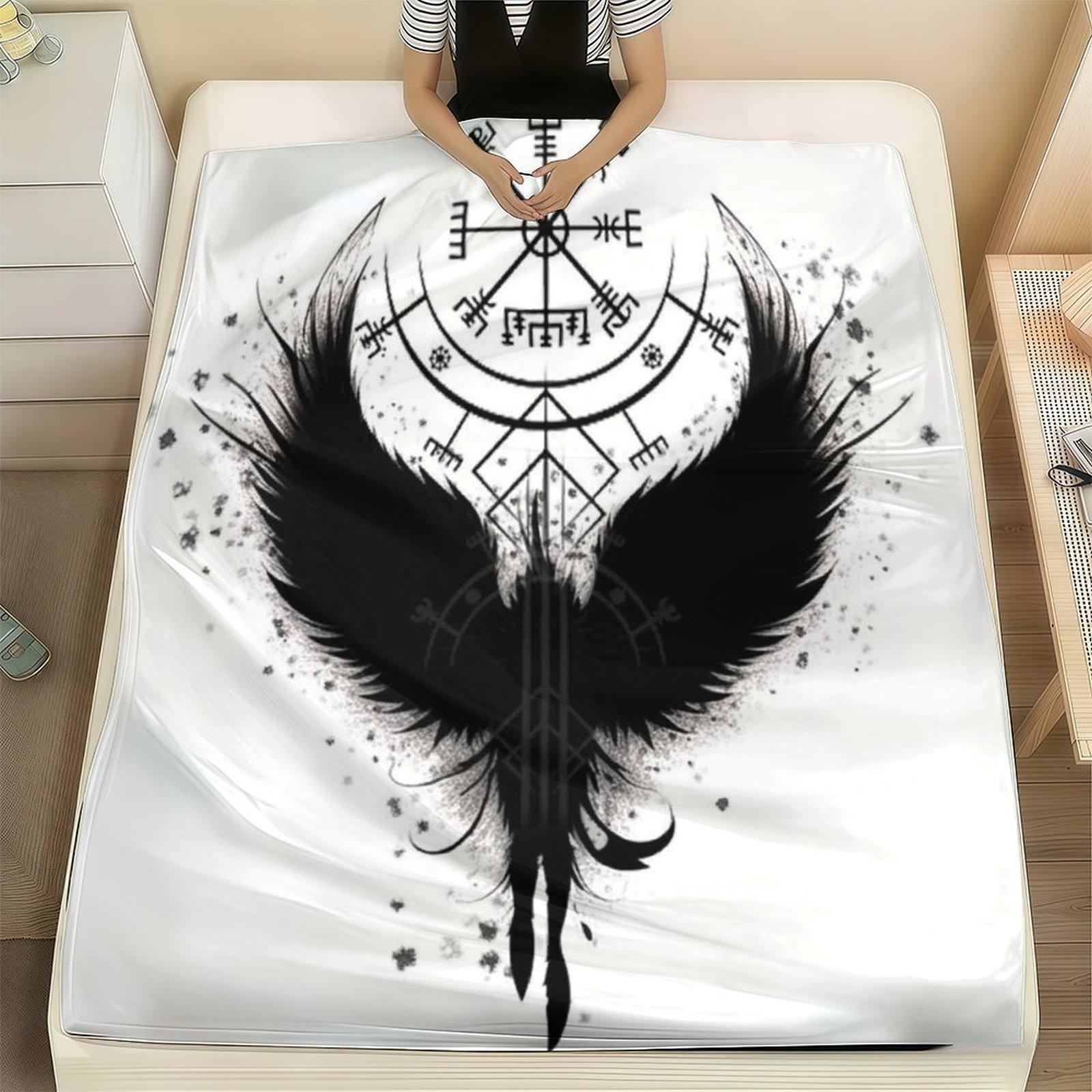 Viking Vegvisir Raven Fleece Blanket, Norse Mythology Black Crow Wings Print Soft Cozy Throw, Gothic Pagan Witchy Home Decor Gift for Couch Bed