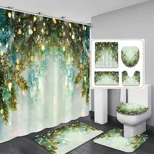 Winter Shower Curtain Set, Christmas Snowflake Pine Leaf Design, Waterproof Polyester Bath Decor, Includes Hooks, Rug & Toilet Lid Cover