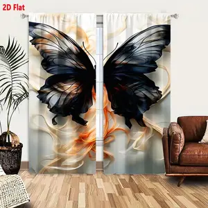 2D Flat 2 Piece Curtain Set, Black Butterfly with Iridescent Semi-Transparent Wings & Swirling Orange Cream Flame-Like Patterns, Fantasy Abstract Art Ethereal Background, Flowing Textures Window Drapes for Bedroom Living Room