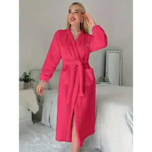 New Spring Autumn Women's Plush Long Robe with Belt and Heart Embroidery, Thick Warm Home Wear Bathrobe, Solid Color Pajamas