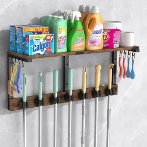 Broom Holder Wall Mount with Cleaning Supplies Organizer, Laundry Room Storage Shelves, Multifunctional Mop Hanger Rack with Grippers & Hooks