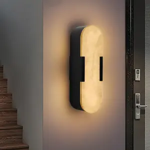 13.8" Natural Marble Wall Sconce Black Set of Two Indoor Modern Bathroom Living Room Bedroom Hallway Stairs Lighting Fixture