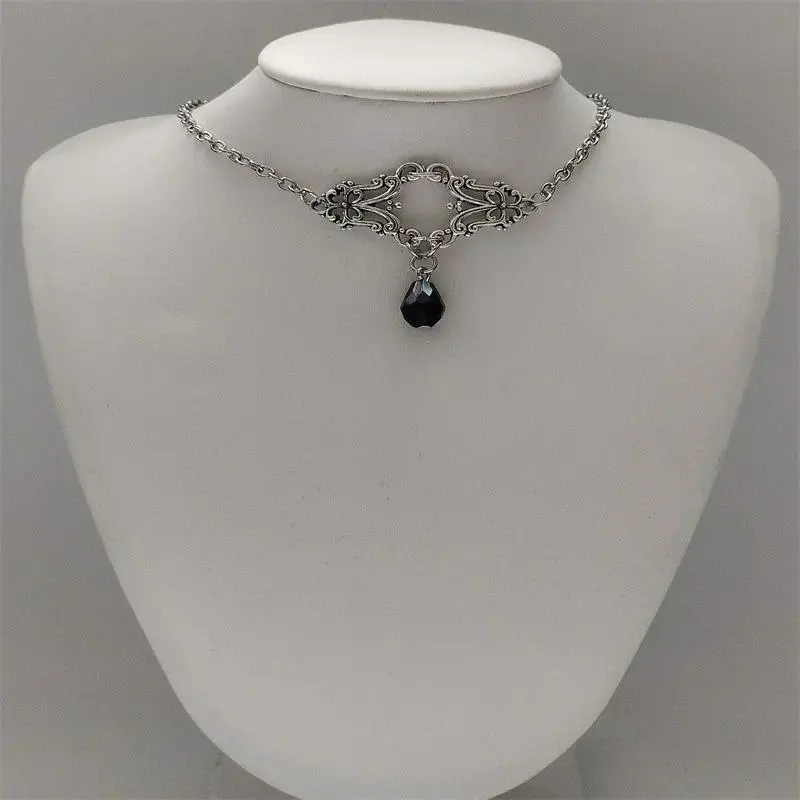 Victorian Drop Bead Choker - Custom Length, Elegant Dark Medieval Gothic Edgy Chain Jewelry Necklace with Decorative Charm, Chain Jewelry Necklaces, Dark Gothic Necklaces