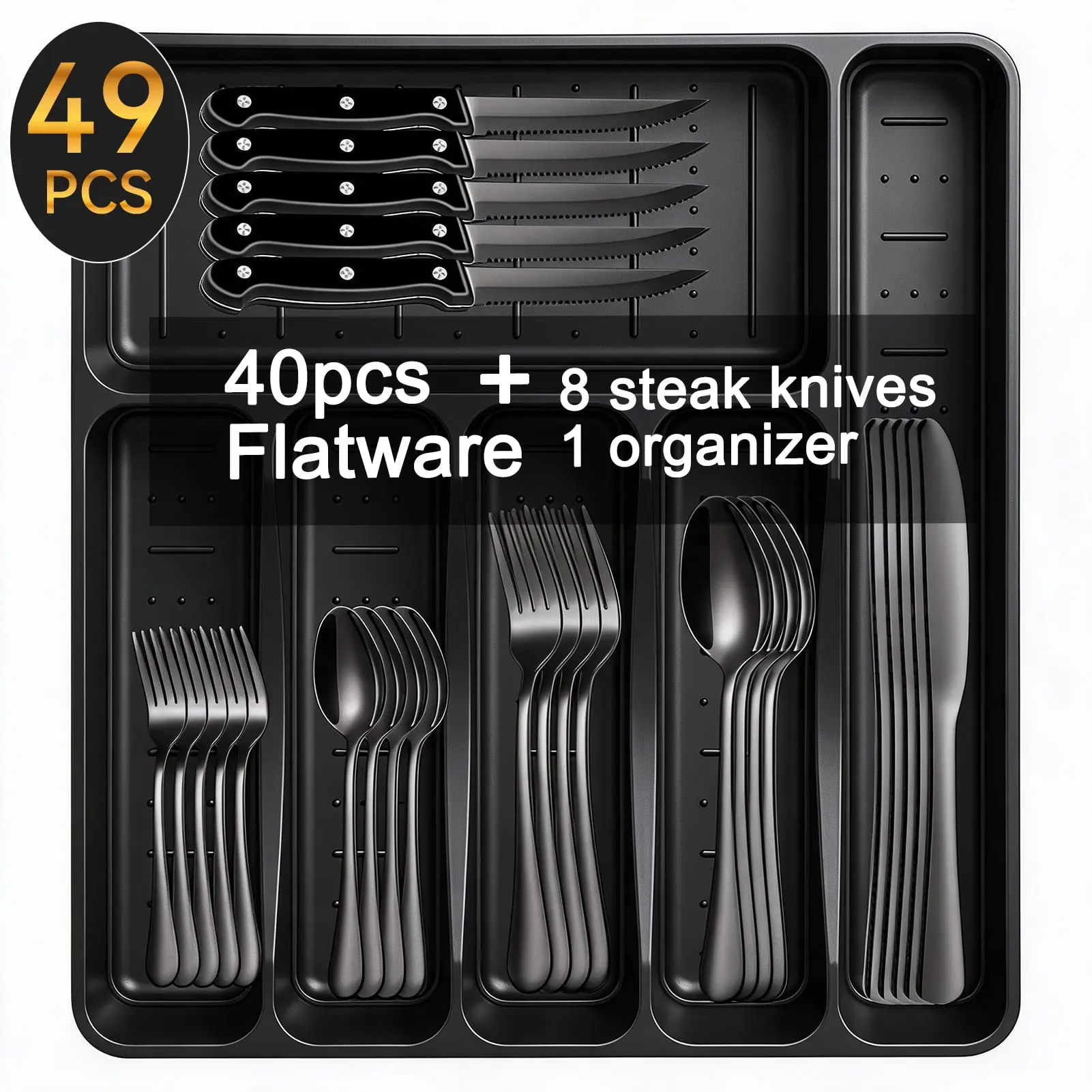 49-Piece Silverware Set with Flatware Drawer Organizer, Durable Stainless Steel Cutlery Set for 8, Mirror Polished Kitchen Utensils Tableware Service with Steak Knives Dinner Fork Knife Spoon & Tray