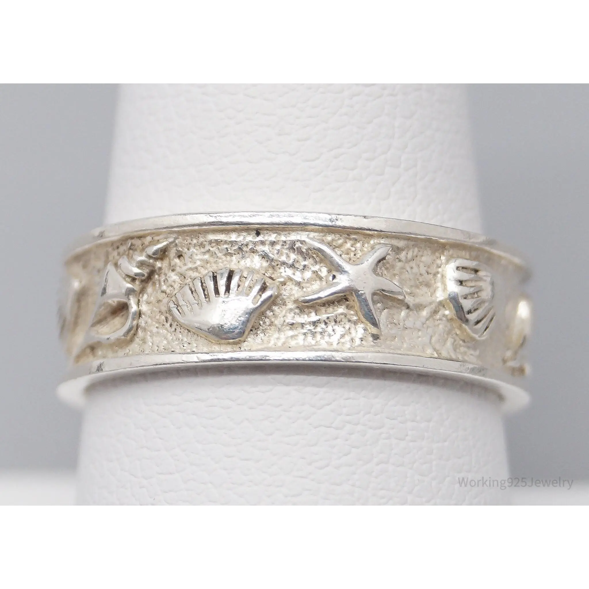 Vintage Seashells Sterling Silver Band Ring - Size 8.75