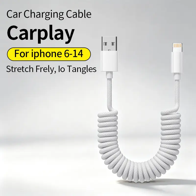 Kaxoe CarPlay cable,Compatible Car Charging Cable,Coiled Spring cable,Nylon Braided Cable,30W fast Charging Cable,USB-A to Lightning Cable,Compatibility for iPhone 6-14 plus Pro Max,CarPlay,Elastic Cable,Fast Charging Cord,spring cable