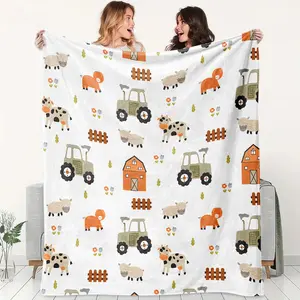 American Farm Theme Flannel Blanket, Cow Sheep Vintage Tractor Print, Soft Warm Cozy, Multi-Use for Sofa Bed Office Camping Travel