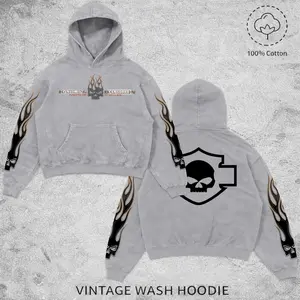Harley "Hog" Style Motorcycle Flame Skull Vintage Washed Hoodie Motorcycle Rider Streetwear Hog Style Pullover, Y2K Motorcycle Pullover Hoodie, Motobike Riders Dirt Bike Fan Gear Cotton For Motor Fan