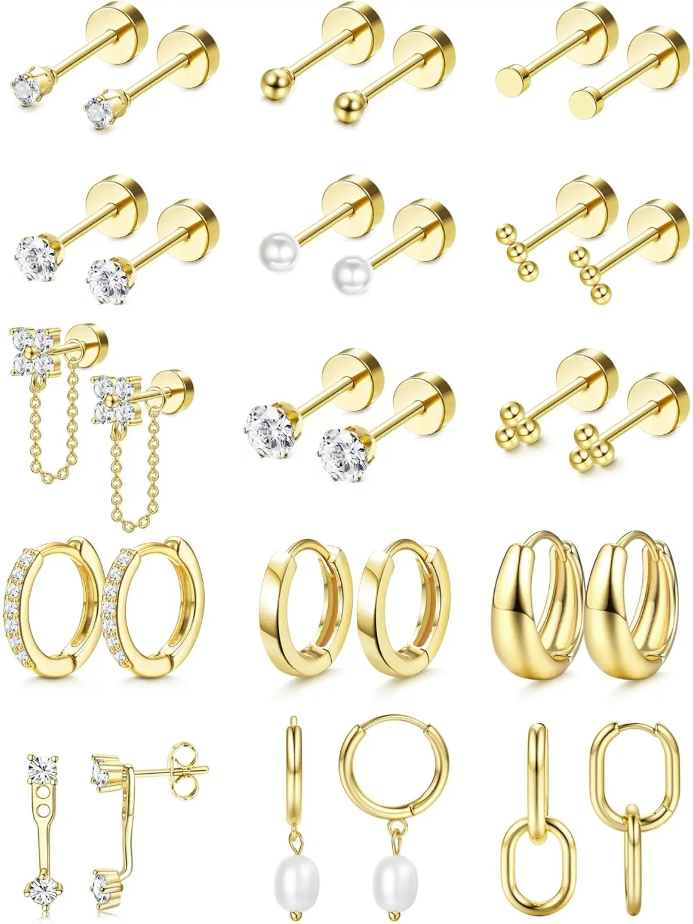 Flat Back Earrings for Women Hypoallergenic Surgical Steel Earrings for Sensitive Ears-20G Cartilage Earring Stacks 14K Gold Plated Hoops Flatback Stud Earring Sets for Multiple Piercing Earring Stacking Set Earrings Jewelry