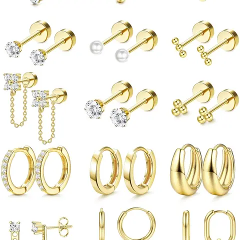 Flat Back Earrings for Women Hypoallergenic Surgical Steel Earrings for Sensitive Ears-20G Cartilage Earring Stacks 14K Gold Plated Hoops Flatback Stud Earring Sets for Multiple Piercing Earring Stacking Set Earrings Jewelry