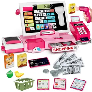 Kids Cash Register Toy Playset, Play Store with Real Calculator Cash Register with Scanner/Credit Card/Play Money/Food, Christmas Gifts