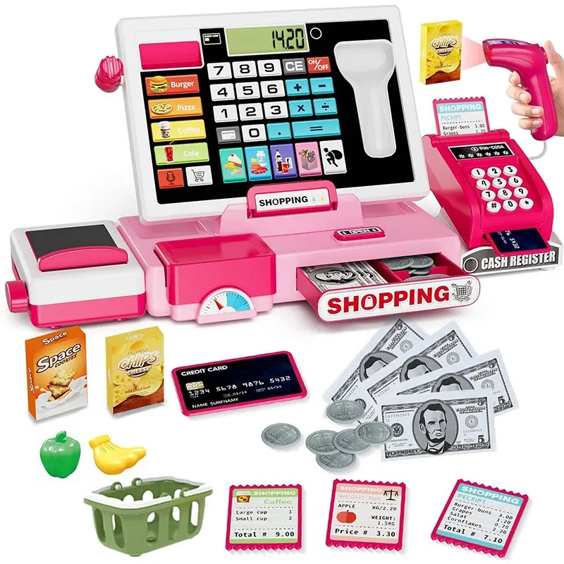 Kids Cash Register Toy Playset, Toddler Pretend Playset, Play Store with Real Calculator Cash Register with Scanner/Credit Card/Play Money/Food, Christmas Gifts