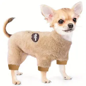 Cozy Thermal Velvet Dog Pajamas - Winter Warmth Onesie for Small Breeds with Leash Ring, Soft Beige Jumpsuit for Chihuahuas, Yorkies & Poodles (Sizes S-XXL), Dog Christmas Pajamas